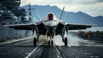 Fighter jet taking off from the deck of an aircraft carrier photo