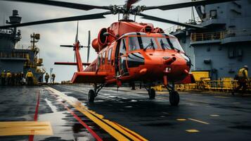 Helicopter landing on the deck of a ship photo