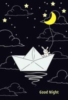 Paper Boat with Night View. Night View Line Vector Background. Rabbit Images.