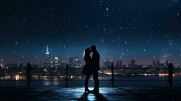 A Romantic Scene with a Couple Against a Night City Background. photo