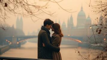 couple in love on the embankment of the river in winter photo