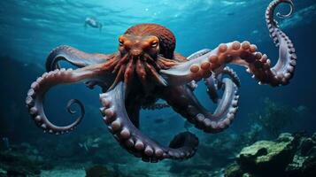 a large octopus swims in the depths of the ocean photo