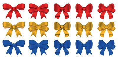 Set of realistic bow and horizontal ribbon. Shiny red, blue, yellow color with shadow. For decorate gift boxes, wedding invitation or greeting card. Bow and ribbon vector Illustration