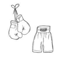 Doodle boxing gloves and shorts sketch. Black and white line illustration vector