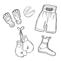 Doodle boxing uniform sketch. Shorts, boxing gloves and boots. Boxing objects in vector on white background