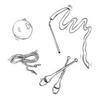 Vector doodle rhythmic gymnastics equipment set. Line art. Skipping rope, sportwear, clubs, halfshoes illustrations