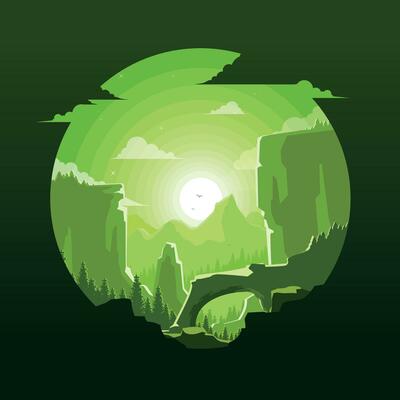 Green illustration of a mountain landscape in a circle frame