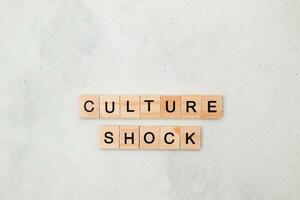 Top view of Culture Shock word on wooden cube letter block on white background. Business concept photo