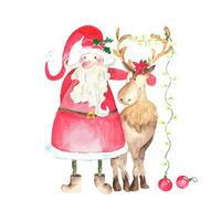 Papa Noel claus con un reno con nuevo años guirnalda y pelotas. mano dibujado acuarela ilustración aislado en blanco antecedentes. bueno para Navidad tarjetas y nuevo años decoraciones vector