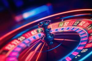 Casino roulette spinning wheel, neon blur background. Generative AI photo