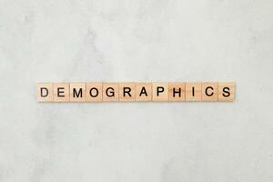 Top view of Demographics word on wooden cube letter block on white background. Business concept photo