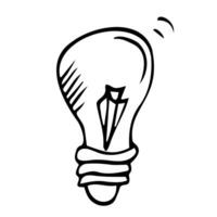 Doodle hand drawn shining yellow light bulb isolated on white background. vector