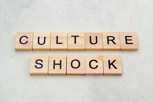Top view of Culture Shock word on wooden cube letter block on white background. Business concept photo