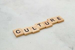 Top view of Culture word on wooden cube letter block on white background. Business concept photo