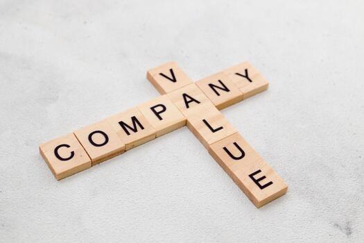 parte superior ver de empresa valor palabra en de madera cubo letra bloquear en blanco antecedentes. negocio concepto foto