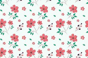 Floral pattern with red flowers with green leaves on a white background. Vintage floral plant, stock vector background.