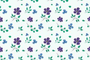 Purple and blue flowers with branches are spread on a white background. Seamless repeating pattern vector illustration design. Can be used for packaging, gift wrapping paper, and cloth.