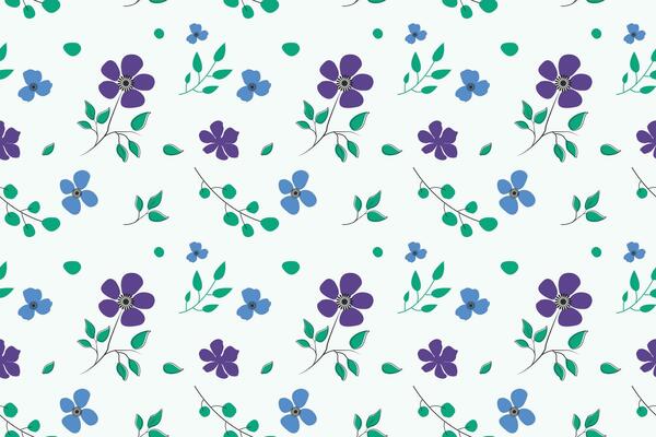 Purple and blue flowers with branches are spread on a white background. Seamless repeating pattern vector illustration design. Can be used for packaging, gift wrapping paper, and cloth.