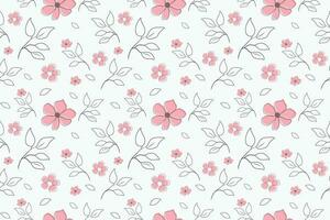 Hand drawn vintage floral seamless pattern abstract. Simple style graphic with small pink flowers and black color pencil drawing branch of leaves outline. Flat vector design.