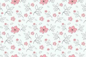 Hand drawn vintage floral seamless pattern abstract. Simple style graphic with small pink flowers and black color pencil drawing branch of leaves outline. Flat vector design.