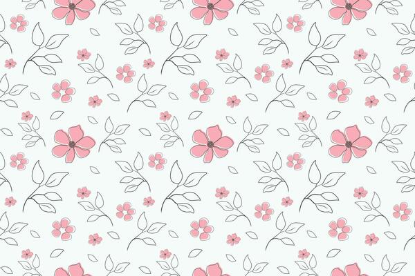 Hand drawn vintage floral seamless pattern abstract. Simple style graphic with small pink flowers and black color pencil drawing branch of leaves outline. Flat vector design.