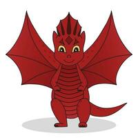 Little cute cartoon red dragon with horns, tail and wings. Funny fantasy character, young mythical reptile monster. Vector illustration on white background