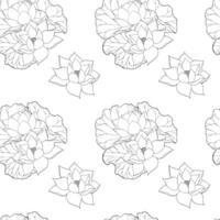 Seamless pattern with vector hand drawn lotus flowers and buds, huge leaves, black line art illustration. Outline floral drawing for packaging design, textiles, covers, scrapbooking, typography