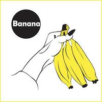 Female hand holds bunch of ripe yellow bananas in sketch style. Tropical nutritious fruit. vector