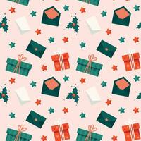 Christmas seamless pattern with presents, greeting card and envelope vector