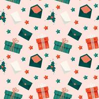 Christmas seamless pattern with presents, greeting card and envelope vector