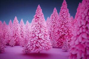 Winter magic wonderland with pink Christmas trees. Ai generated art photo