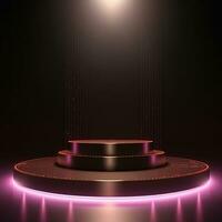 Round podium display for product design. Pink neon stage in spotlights and rays, black background. Generative AI photo