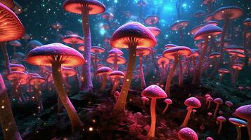 Colorful mushrooms in psychedelic forest. Glowing neon dmt mushrooms concept. Mycelium microorganism in wonderland. Generative AI photo