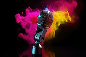 micrófono en negro con color fumar niebla antecedentes. mic diseño para cantante, emprendedor, podcast, voz artista. generativo ai foto