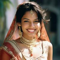 contento novia. joven indio mujer en rojo Boda vestir y nupcial velo, sonriente. fusión boda. generativo ai foto