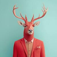 Moda ciervo en chaqueta. rojo en azul retrato. popular Arte moderno estilo y estilo de vida concepto. contemporáneo arte, creativo idea. generativo ai foto