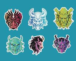 six japanese oni masks on a blue background vector