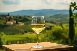 One glass of white wine and green landscape view, product display for wine testing photo