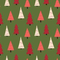 Seamless vector Christmas pattern with fir trees on a green background.