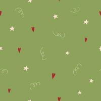 Festive vector pattern with stars and hearts on a green background.