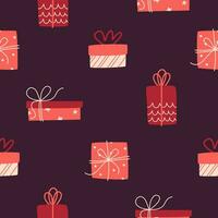 Festive vector pattern with gifts on a brown background.