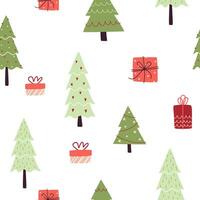 Christmas vector pattern with cute Christmas trees and gifts on a white background.