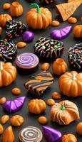 Halloween Candy Delight Sweet Pumpkin Treats. Ai generated content photo