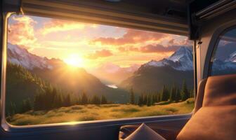 Beautiful view of serene mountain landscape from inside a camper truck AI Generated photo