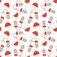 Seamless pattern with warm clothes, gloves and hats, knitted accessories, Christmas patterns, New Year. Winter mittens and hat background in bright christmas colors. vector