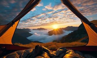 Beautiful view of serene mountain landscape from inside a tent AI Generated photo