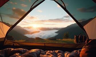 Beautiful view of serene mountain landscape from inside a tent AI Generated photo