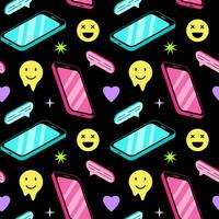 Seamless pattern with mobile phones. Vector illustration of modern gadgets, smiling faces and geometric shapes. Background design for trendy teenage print.