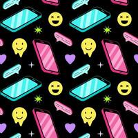 Seamless pattern with mobile phones. Vector illustration of modern gadgets, smiling faces and geometric shapes. Background design for trendy teenage print.