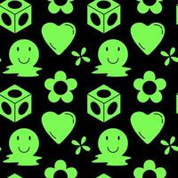 Seamless pattern with retro futuristic acid objects. Vector illustration of smile faces, flowers, hearts and 3d cubes. Rave background design for posters.